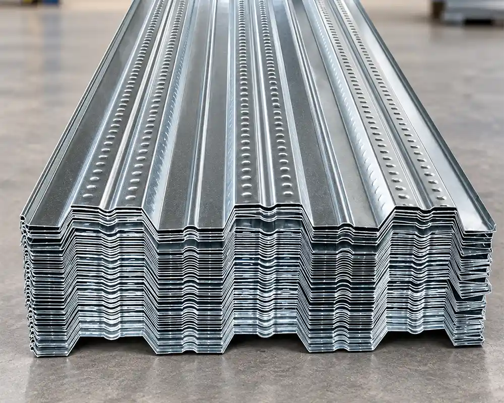 Galvanized steel deck sheets stacked