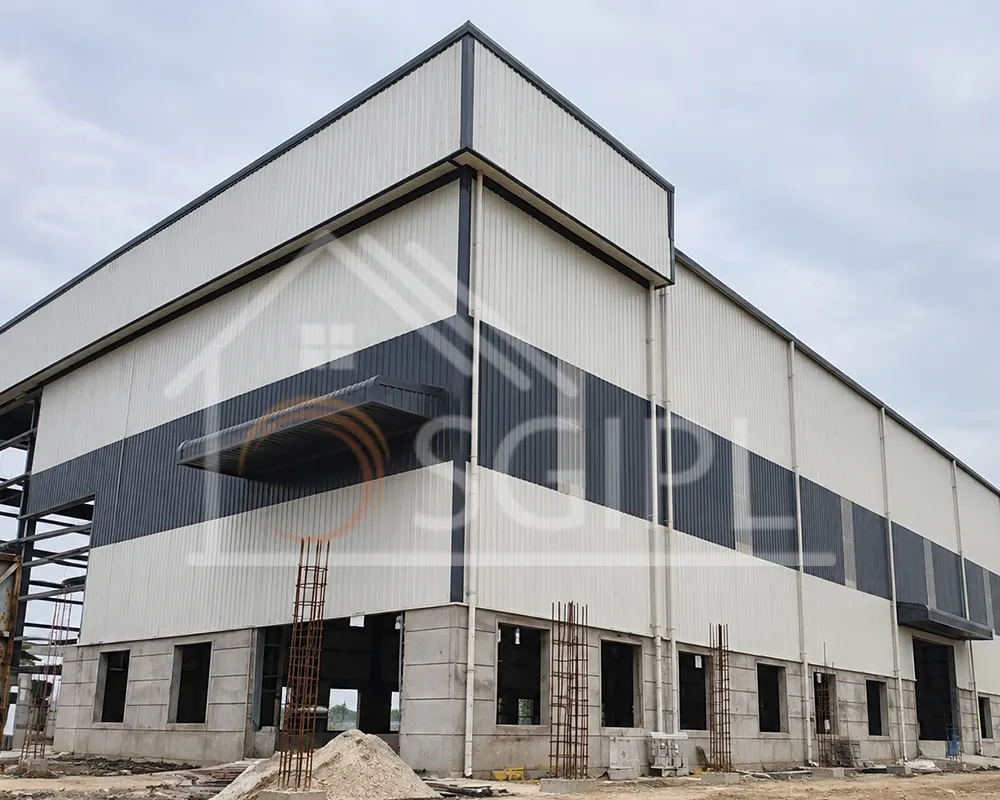 Pre-engineered building steel frame under construction