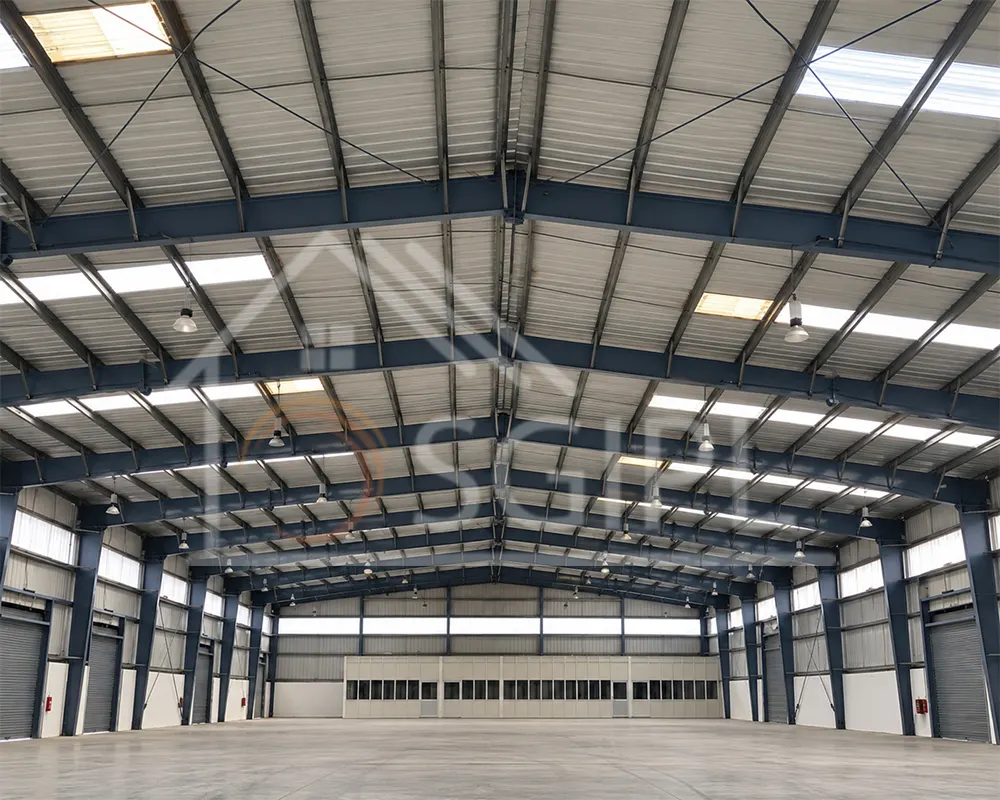 Interior view of PEB roof structure with skylights