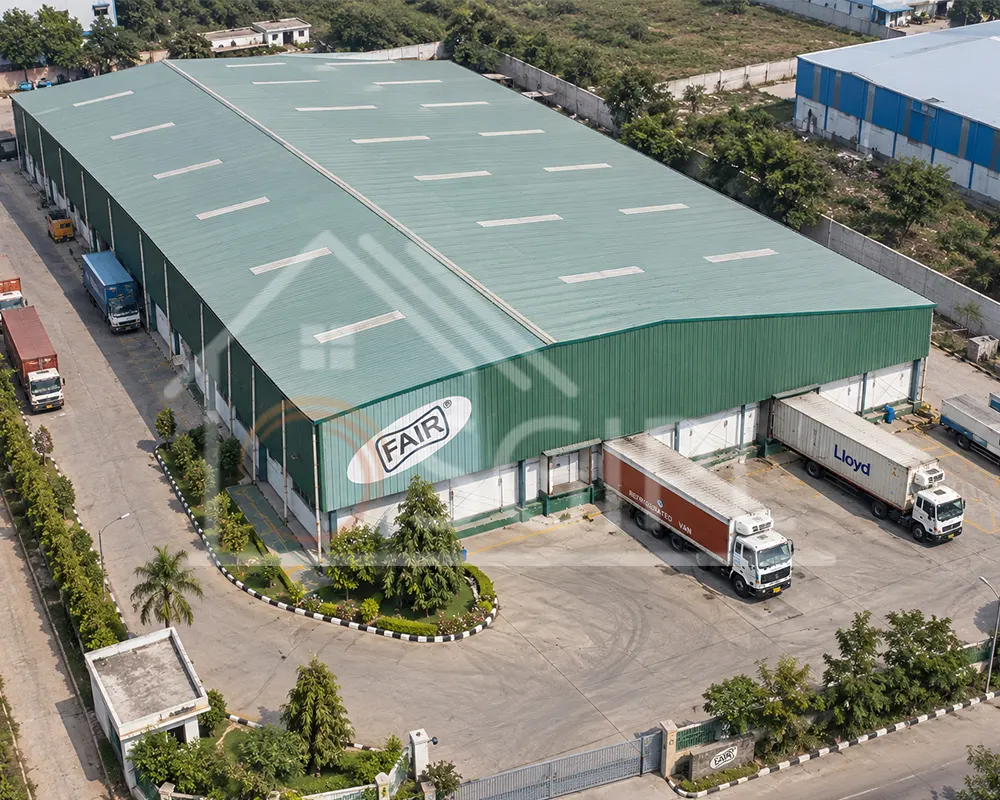 Completed industrial steel warehouse with loading dock